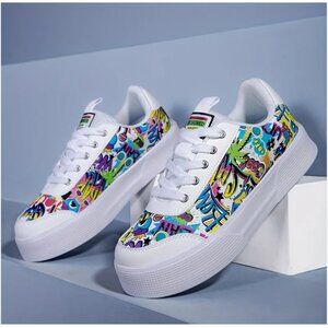 New Womens Cartoon Graffiti Sneakers Casual Lace-Up Platform Shoes Lightweight 9